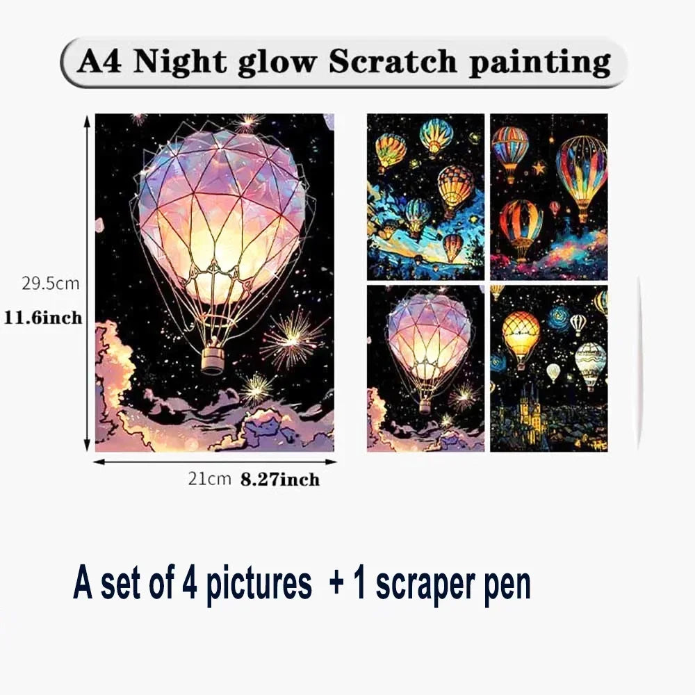 Illuminate Your Imagination: 4Pcs DIY Glow Scratch Painting Set - Perfect Educational Gift for Young Creatives!