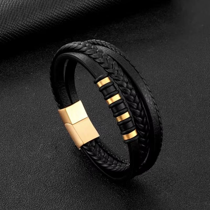 Classic Multilayer Leather Bracelet Men Hand Jewelry Gift Handsome Business Bracelet with Metal Magnetic Clasp