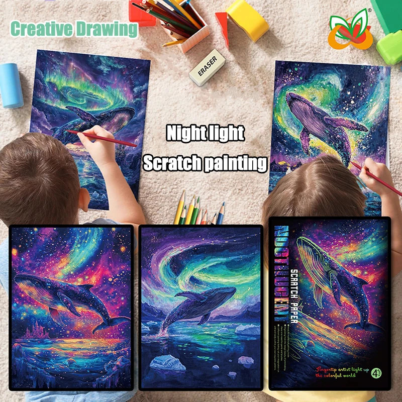 Illuminate Your Imagination: 4Pcs DIY Glow Scratch Painting Set - Perfect Educational Gift for Young Creatives!