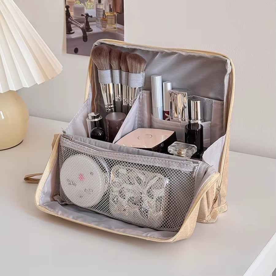 Vertical Makeup Bag Standable Large Capacity Skincare Storage Bag Partitioned Multi-Compartment Cosmetic Organizer Women