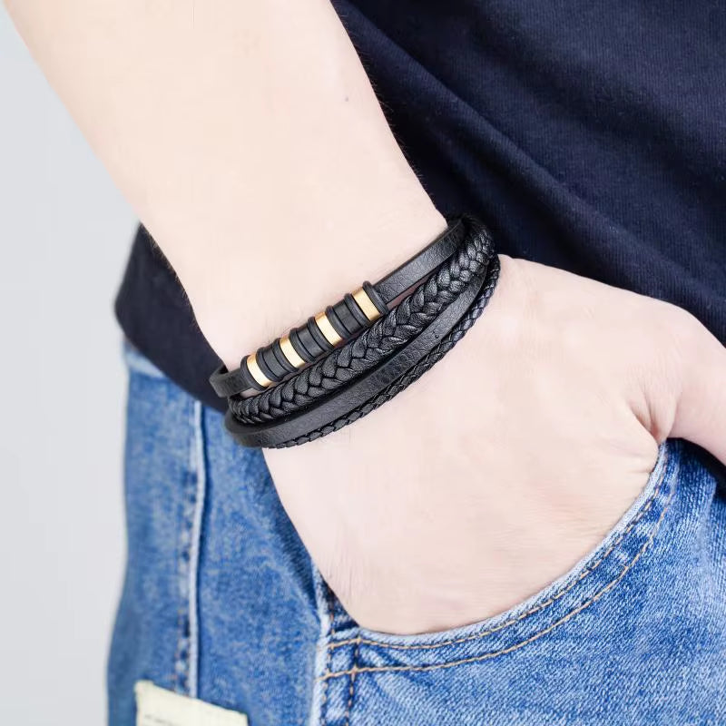 Classic Multilayer Leather Bracelet Men Hand Jewelry Gift Handsome Business Bracelet with Metal Magnetic Clasp
