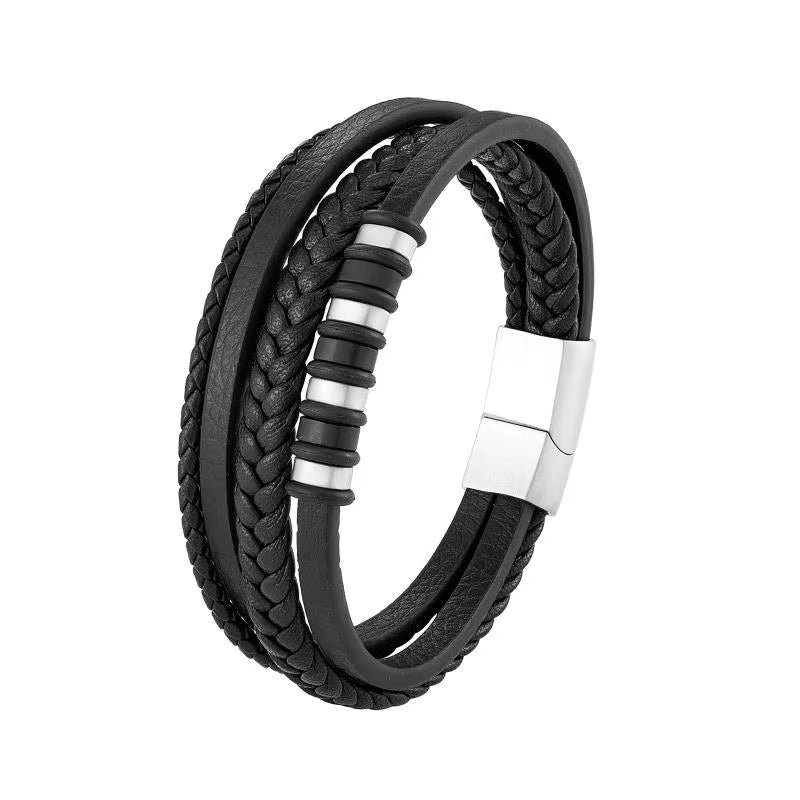 Classic Multilayer Leather Bracelet Men Hand Jewelry Gift Handsome Business Bracelet with Metal Magnetic Clasp